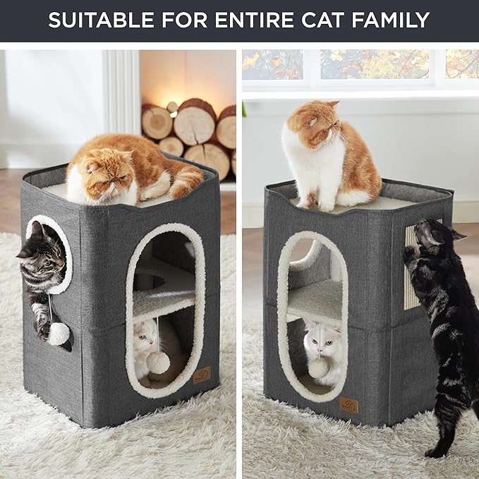 Bedsure 2 Story Cat House - Cat Condos for Indoor Cats with Scratch Pad and Fluffy Ball Hanging, Small Pet Cave Furniture Hideaway for Multi Pets, 18x14x23 inches, Dark Grey-PawvioPets