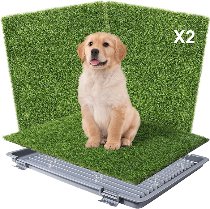 Dog Grass Pad with Tray: 2 Pack Grass Pee Pads for Dogs Potty for Puppy Training, 22"x18" Artificial Turf for Dogs with Collection Tray for Indoor /Outdoor /Patio /Balcony, Grey-PawvioPets