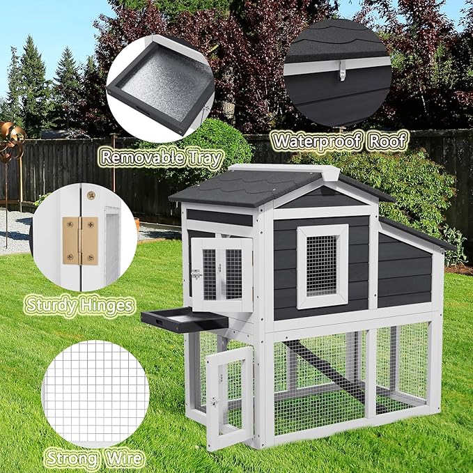 2 Story Rabbit Cage, Weatherproof Rabbit Hutch Indoor & Outdoor, Wooden Guinea Pig Cages with Removable Tray Openable Roof for Small to Medium Animals-PawvioPets