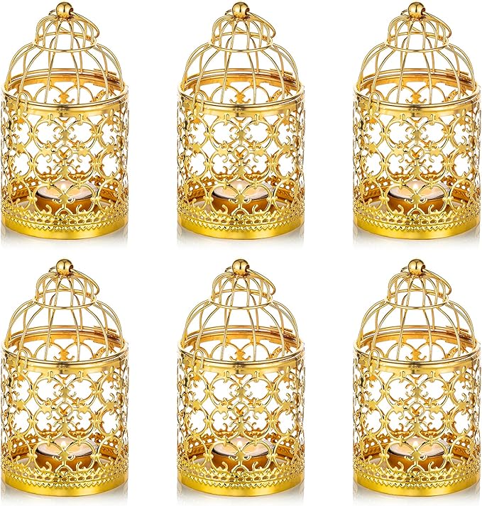 6 Pcs Small Metal Tealight Hanging Birdcage Lantern, Vintage Decorative Centerpieces of Wedding, Party, Gold-PawvioPets