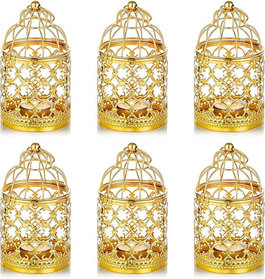 6 Pcs Small Metal Tealight Hanging Birdcage Lantern, Vintage Decorative Centerpieces of Wedding, Party, Gold-PawvioPets