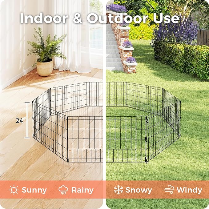 Foldable Dog Playpen 24" Height 8 Panels Metal Exercise Pen No Door - Indoor/Outdoor Puppy Playpen for Small Dogs, Portable Pet Fence for Yard Garden Camping, Black-PawvioPets