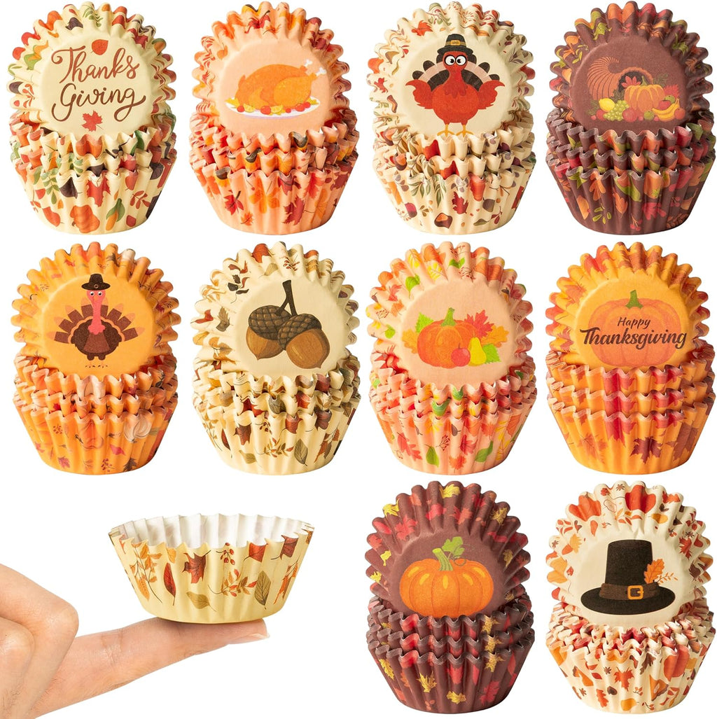 COcnny Thanksgiving Mini Cupcake Liners - 600pcs Fall Baking Cups Muffin Cupcakes Wrappers, Pumpkin Maple Leaf Turkey Cake Wrap Making Supplies for Thanksgiving Autumn Halloween Party (10 Styles)