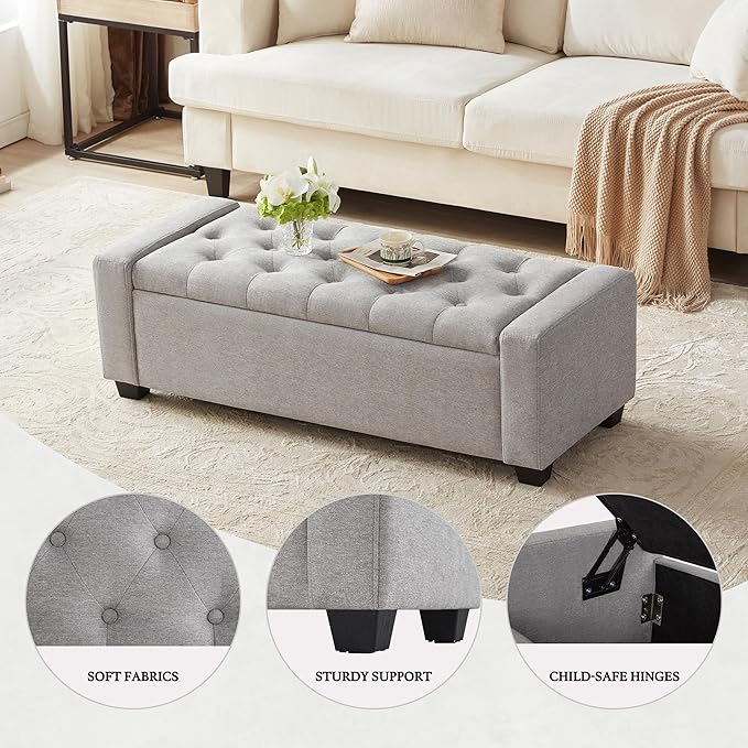 48" Ottoman with Storage, Storage Ottoman Bench with Safety Hinge, Upholstered Entryway Bench with Seating for Bedroom, Living Room, Holds up to 330 lb(Light Gray)-PawvioPets