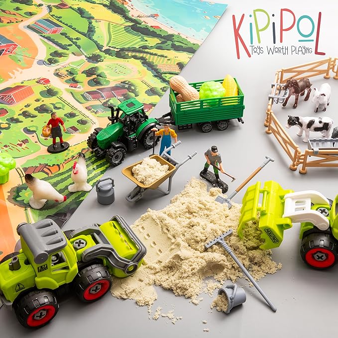 59 PCS Farm Sensory Bin Sandbox with Lid, 2.2 LB Sensory Sand, 40 Toddler Farm Toys, 3 Take Apart Construction Trucks -Sensory Toys for Kids 5-7, 3-4 & Up- Kids Gifts for Boys and Girls-PawvioPets