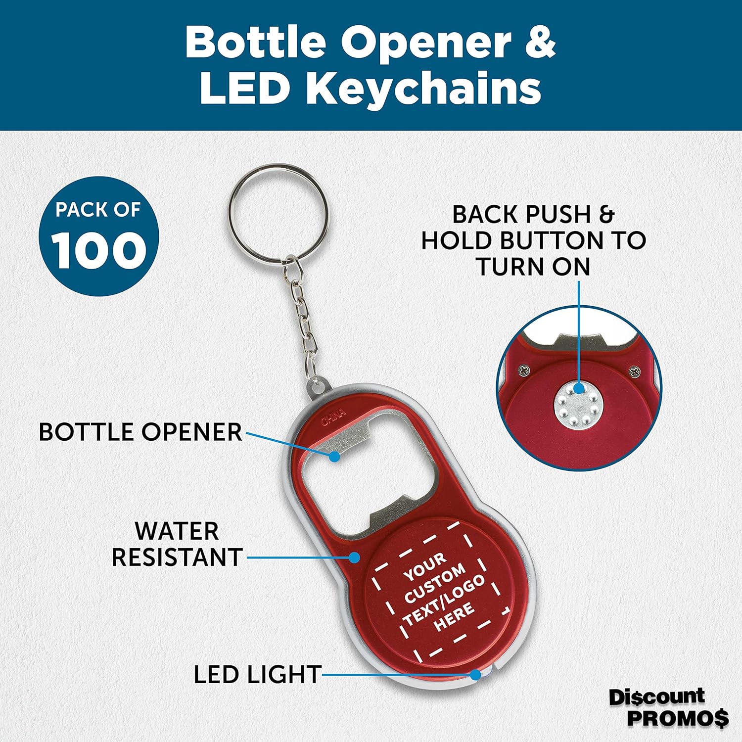 DISCOUNT PROMOS Custom Bottle Opener & LED Keychains Set of 100, Personalized Bulk Pack - Perfect for Tradeshows, Party Favors, Other Events - Red