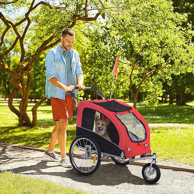 Aosom Dog Bike Trailer 2-in-1 Pet Stroller with Canopy and Storage Pockets-PawvioPets