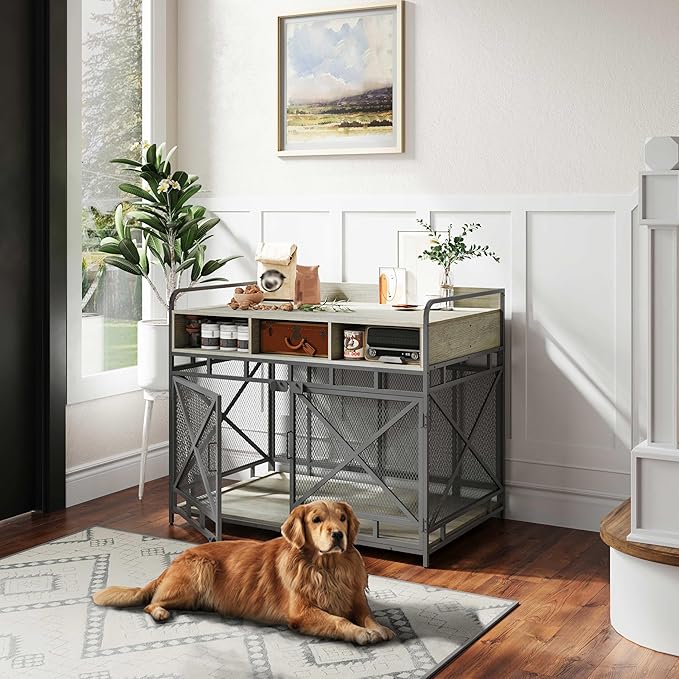 Dog Crate Furniture, 43" Heavy Duty Wooden Dog Crate End Table, XL Dog Kennel Furniture Large Breed, Decorative Dog Kennel Indoor with 3 Drawers & Steel Tubes 43" L x28 W x36 H (Grey)-PawvioPets