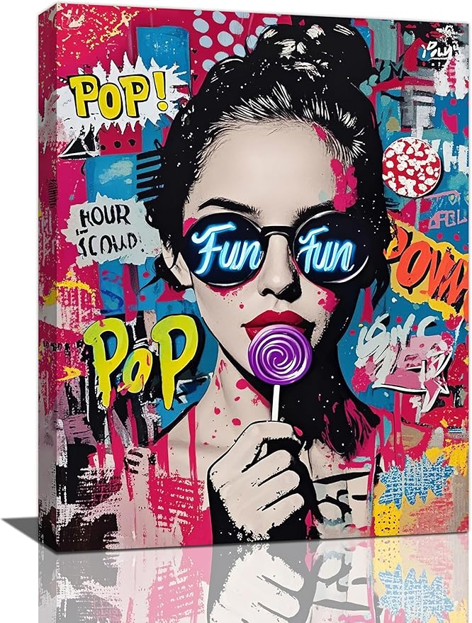 Fashion Women Wall Art Glam Modern Artwork for Girls Banksy Street Graffiti Pop Art Canvas Pictures Painting Print Framed Decorations Gifts for Bedroom Living Room Office 12"x16"-PawvioPets