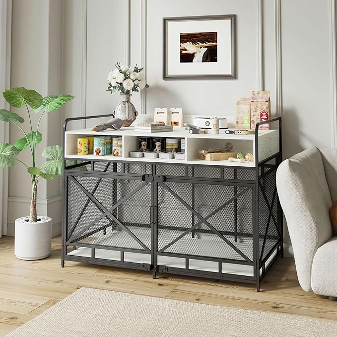 Dog Crate Furniture, 48" Heavy Duty Wooden Dog Crate End Table, XL Dog Kennel Furniture Large Breed, Decorative Dog Kennel Indoor with 3 Drawers & Steel Tube 48"L x28"W x36"H (White and Black)-PawvioPets