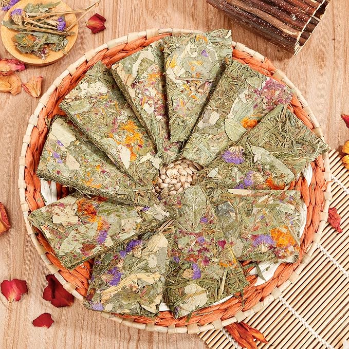 Abizoo Rabbit Natural Treats,10Pcs Timothy Hay Toys Chips Bunny chew Toys with Herbal Flowers Guinea Pig Treats for Hamster Chinchillas Gerbils Rats Small Animals Teeth Care Crisp Snacks-PawvioPets