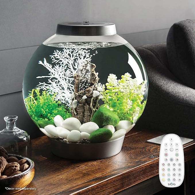 biOrb Classic 15 Acrylic 4-Gallon Aquarium with Multi-Color Remote-Controlled LED Lights Modern Compact Tank for Tabletop or Desktop Display, Silver-PawvioPets
