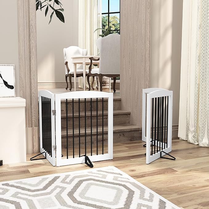 Freestanding Pet Gate for Dogs, Foldable Wooden Dog Gate for House, Indoor Pet Barrier for Stairs, Doorways, Support Feet Included, 24" Height 2 Panels, White-PawvioPets