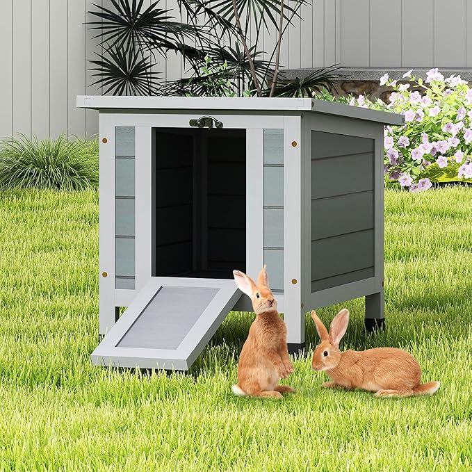 Coziwow Rabbit Hutch, Outdoor Cat House Weatherproof, Bunny Cage Indoor with Openable, Portable Small Animals Shelters with Nonslip Ramp for Hideout Rabbits/Feral Cats/Chicken/Duck/Small Animals-Gray-PawvioPets