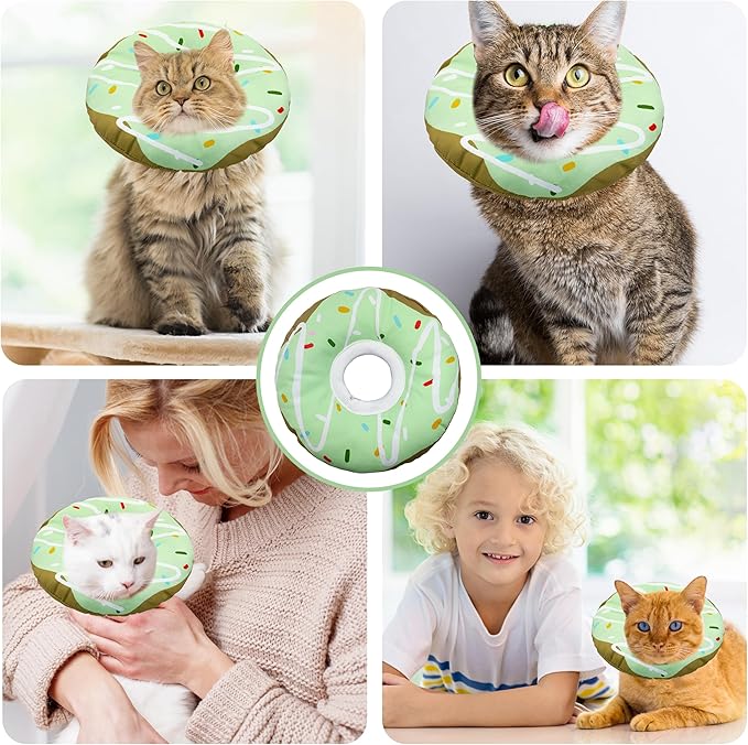 Cat Cone Collar Soft, Adjustable Cat Recovery Collar Kitten Cones to Stop Licking, Cute Donut E Collar After Surgery, Cats Neck Pillow Cone Elizabethan Cones of Shame (Waterproof Green, Medium)-PawvioPets