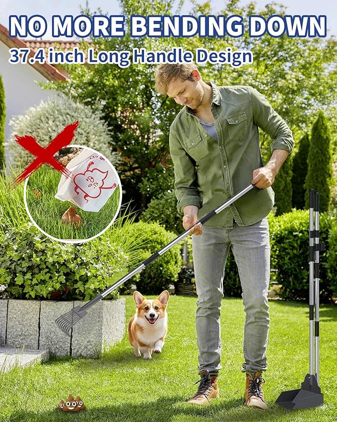 Dog Pooper Scooper Set, Stainless Metal Tray Rake Spade 3 Pack, Long Handle Pet Waste Scooper for Large Medium Small Dogs, Heavy Duty Poop Scooper for Yard, Grass, Dirt or Gravel-PawvioPets