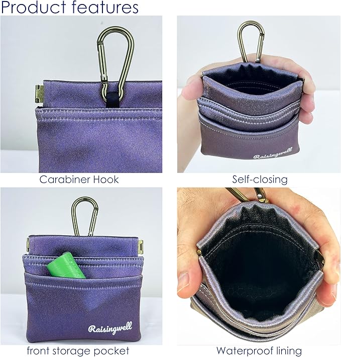 Dog Treat Pouch, Pocket Sized Pet Training Pouch, Hand Free Purple Dog Walking Bag with Carabiner, Self-Closing Pet Feed Snack Reward, for Puppy Travel or Outdoor Use, NanoPTC-PawvioPets