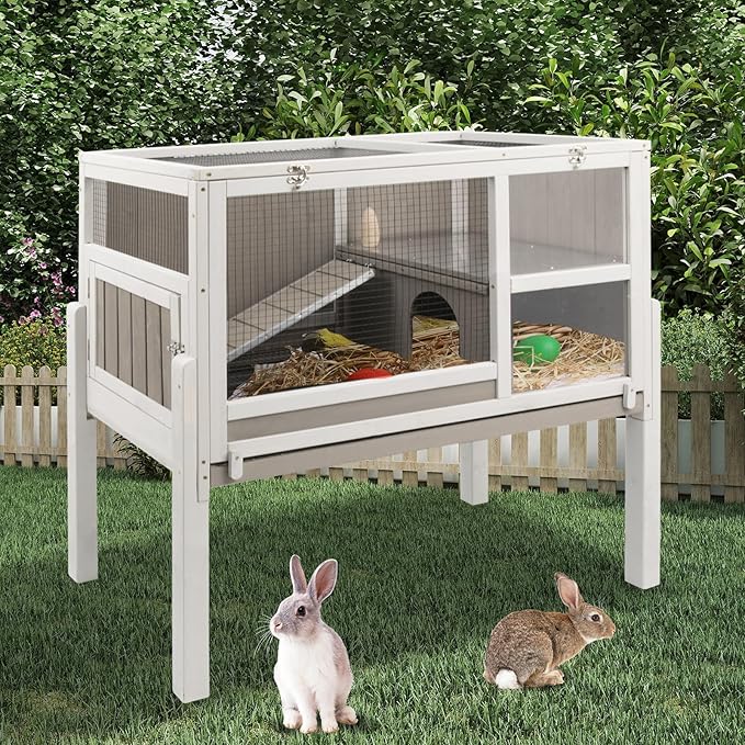 38" L Rabbit Hutch Bunny Cage,Fir Wood Rabbit Cage Indoor Outdoor with Pull Out Tray,Bunny Hutch with Ramp and Hideout,Guinea Pig Cages Rabbit Hutch Indoor with Detachable 4 Legs-PawvioPets