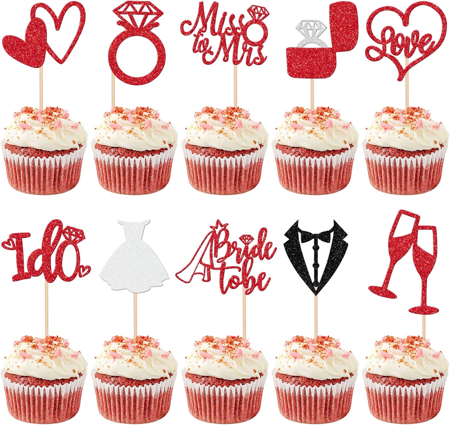30 PCS Bride to Be Cupcake Toppers Glitter Miss to Mrs I Do Love Heart Ring Cupcake Picks Wedding Bridal Shower Cake Decorations for Wedding Engagement Bachelorette Party Supplies Red