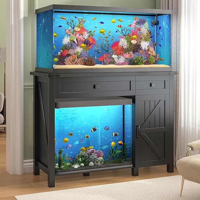 40 Gallon Aquarium Stand With Charging Station, Farmhouse Fish Tank Stand, Reptile Tank Stand Terrarium Stand with Drawer and Cabinet Storage, Sturdy Heavy Duty 41.9"×18.3" Tabletop - Black-PawvioPets