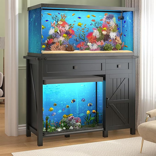 40 Gallon Aquarium Stand With Charging Station, Farmhouse Fish Tank Stand, Reptile Tank Stand Terrarium Stand with Drawer and Cabinet Storage, Sturdy Heavy Duty 41.9"×18.3" Tabletop - Black-PawvioPets