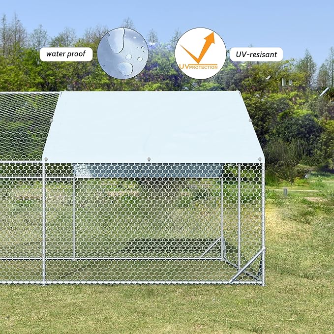 4ever2buy Large Metal Chicken Coop with Run Walk-in Poultry Cage Chicken Runs House Pen Cage Spire Roofed Chicken Coops with Anti-Ultraviolet Cover for Outdoor Backyard Farm Use 9.8’L x 6.6’W x 6.4’H-PawvioPets