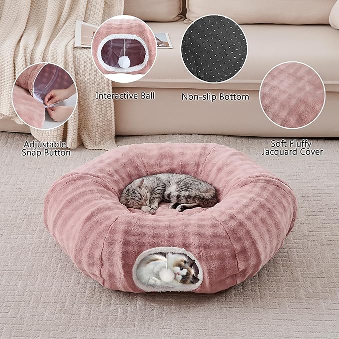 Bubble Cat Tunnel for Indoor Cats, Round Peekaboo Cave Toy with Dangling Balls, Donut Tunnel Bed with Circle Mat for Puppy Kitten Rabbit, Dusty Pink-PawvioPets