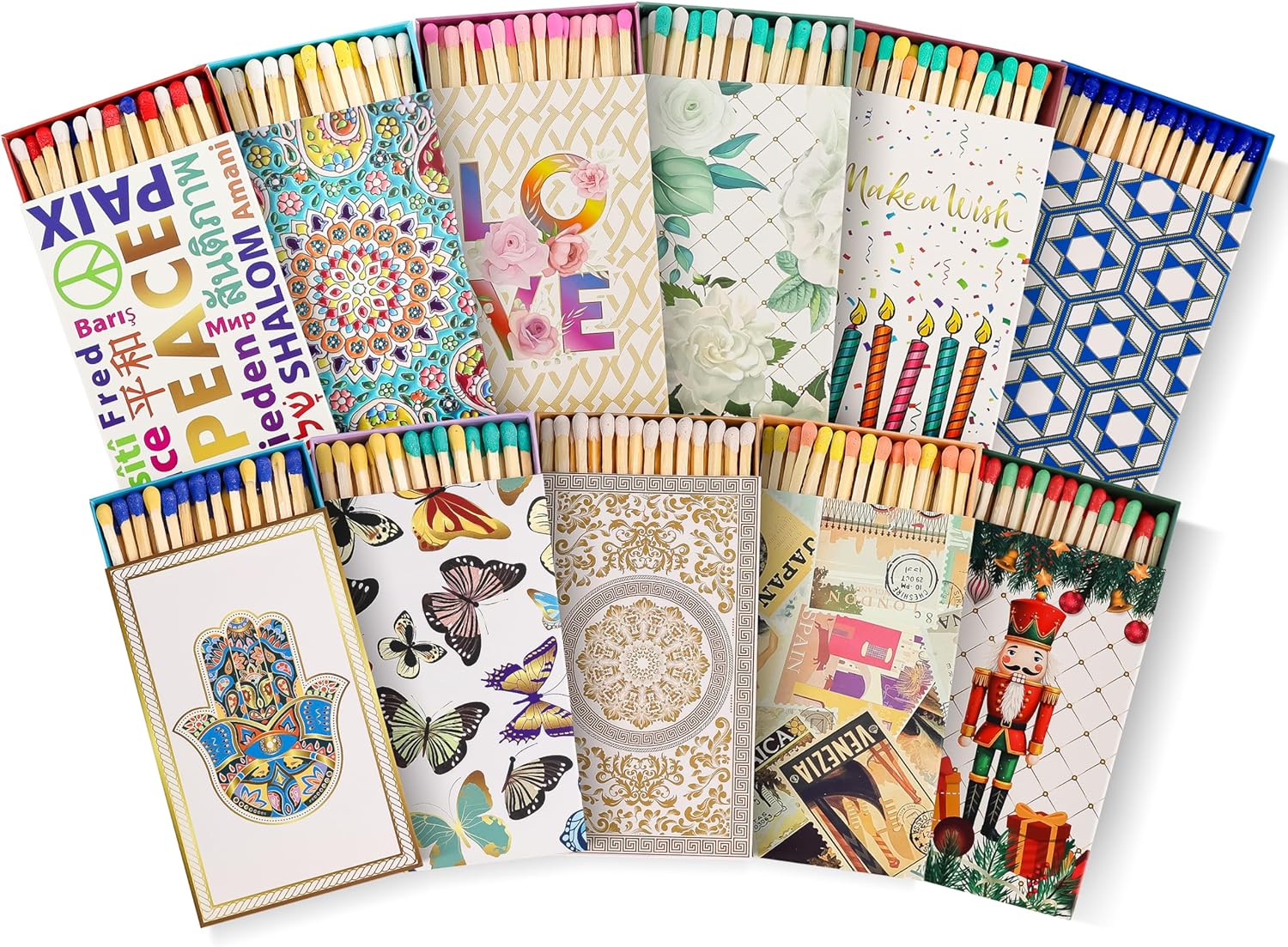 Decorative Matches Box -4-Inch Long Matches for Candles with Strike - Wooden Colorful Candle Sticks with Rainbow Tips - 50 Pc Match Sticks - Matchbox Designs of Your Choice (4 Unique Box Designs)