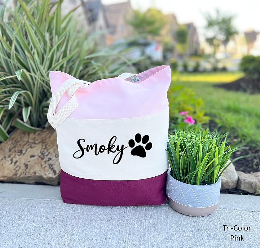 Custom Dog Tote Bag Personalized Dog Mom Gift Dog Toys Totes Pet Gift Custom Pet Bag Gift For Dog Mom Dog Lover Bag (15"L x 15"H x 3"D, Tri-Color Pink)-PawvioPets