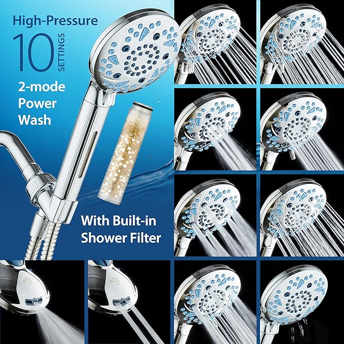 AquaCare High Pressure 10 Spray Mode Filtered Showerhead - Handheld Shower Head Filters Chlorine to Heal Dry Skin, Revive Hair - Dual Power Wash Cleans Tub, Tile, Pets - Hard Water Softener, Chrome-PawvioPets
