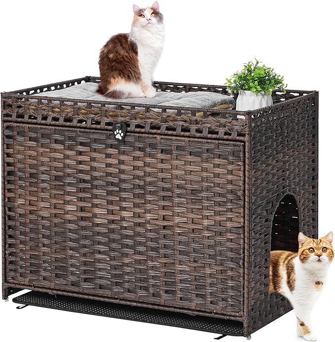 Cat Litter Box Enclosure with Soft Litter Mat; Hidden Cat Washroom Furniture with Door; Handwoven Rattan Cat House with Large Space; Pet Crate for Living Room, Bedroom, Balcony (Brown)-PawvioPets