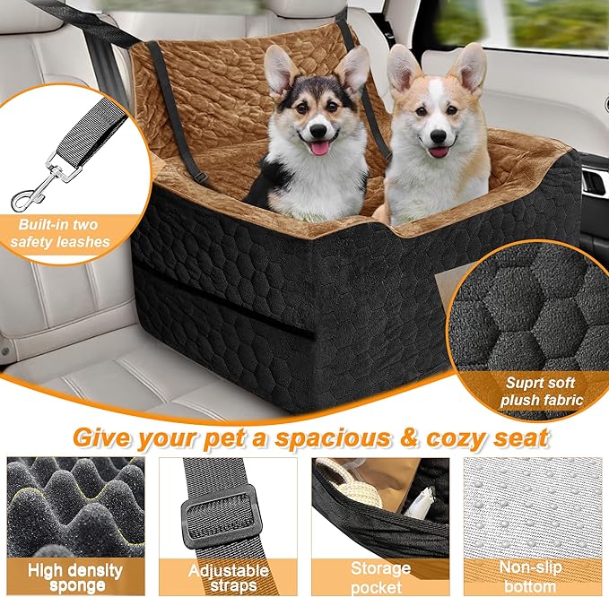 Dog Car Seat for Small/Medium Dogs, Memory Foam Dog Booster Seat, Travel Safety Per Car Seat with Washable Removable Cover, Storage Pockets for Dogs up to 35 lbs(BlackBrown)-PawvioPets