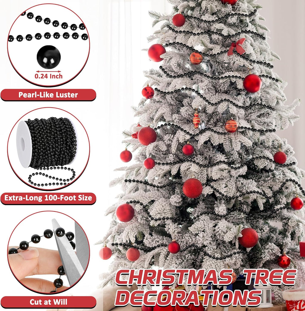 100 Feet Garland for Christmas Tree, Black Christmas Beads Decorations, Xmas Tree Decorations Artificial Pearl Garland Chain for Home Fireplace Curtains Decor Xmas Party Decor