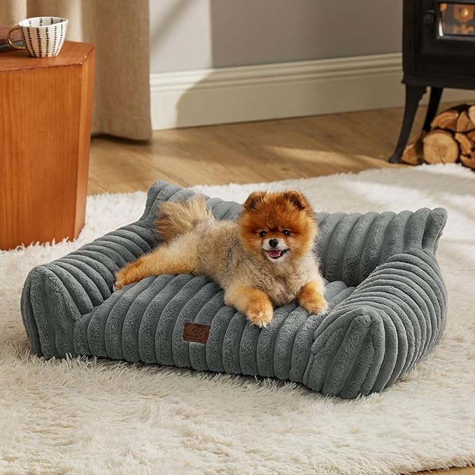 Bedsure Cute Cat Couch for Pets - Fluffy Small Dog Sofa with Premium Soft Corduroy Fleece, Pet Sofa with Removable Washable Cover, Supportive Dog Couch Bed for Small Medium Dogs, 30inch, Warm Grey-PawvioPets