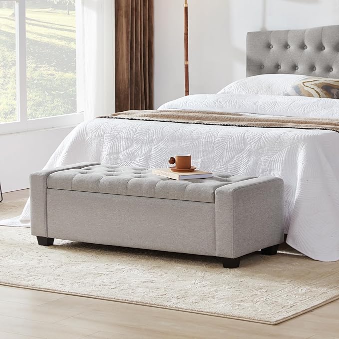 48" Ottoman with Storage, Storage Ottoman Bench with Safety Hinge, Upholstered Entryway Bench with Seating for Bedroom, Living Room, Holds up to 330 lb(Light Gray)-PawvioPets