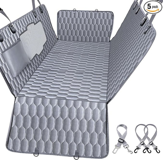 Back Seat Extender for Dogs-Supports 400lb,Waterproof Dog Car Seat Cover Hard Bottom-Detachable,600D Heavy Duty Scratch Proof Nonslip Soft,Dog Hammock for Car,SUVs-Grey-PawvioPets