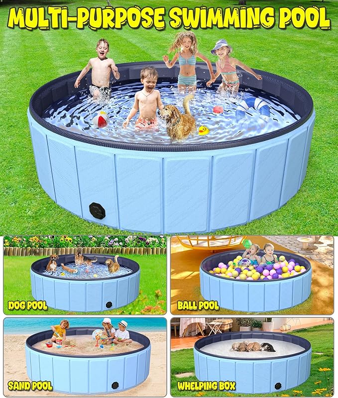 Giant Dog Pool 97"x16", Hyperzoo Foldable Dog Swimming Pool, Hard Plastic PVC Leakproof Doggie Wading Collapsible Pet Bathing Tub for Puppy Small Medium Large Dogs and Kids, Blue-PawvioPets