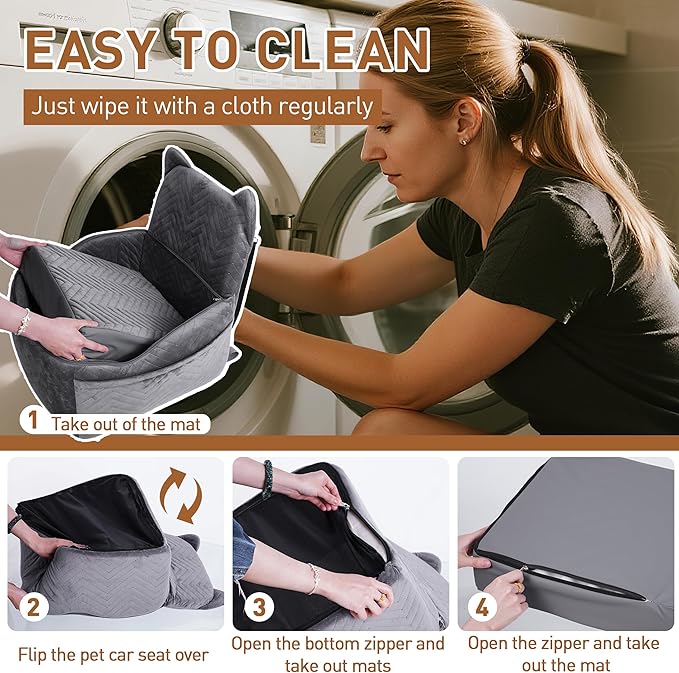 Dog Car Seat Booster with Waterproof Cover, Memory Foam, Small/Medium Dog Bed for Car Back Seat for Travel, Grey, 2 Safety Belt-PawvioPets