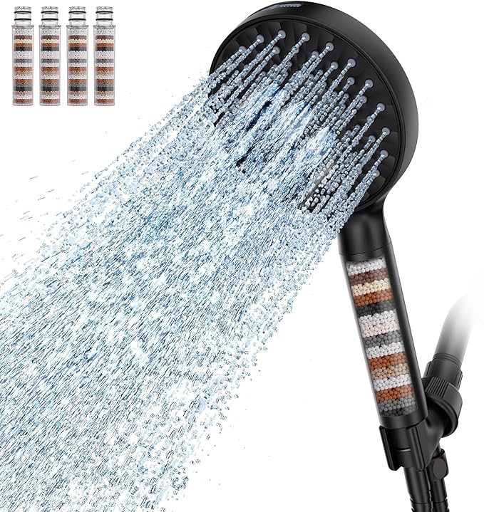 Filtered Shower Head with Handheld, High Pressure 9 Spray Mode Matte Black Showerhead with 4 Filters, Detachable Shower Head, Water Softener Filters Beads for Hard Water - Remove Chlorine-PawvioPets