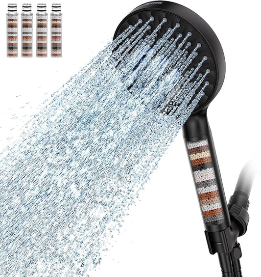 Filtered Shower Head with Handheld, High Pressure 9 Spray Mode Matte Black Showerhead with 4 Filters, Detachable Shower Head, Water Softener Filters Beads for Hard Water - Remove Chlorine-PawvioPets