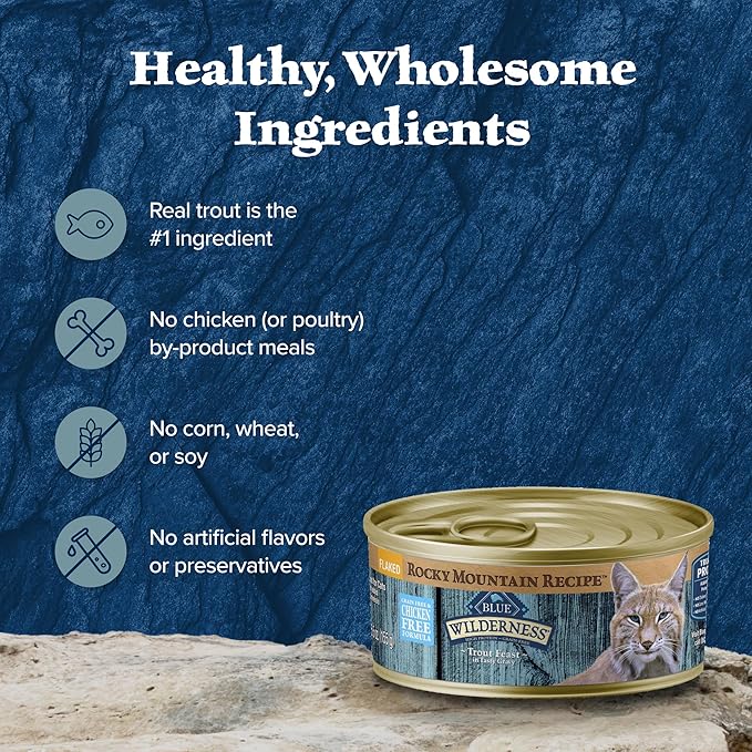 Blue Buffalo Wilderness Rocky Mountain Recipe Natural High Protein Wet Food for Adult Cats, Trout in Tasty Gravy, 5.5-oz cans, Pack of 24-PawvioPets