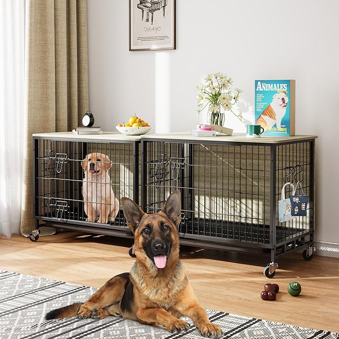 Dog Crate Furniture, 38.6" Wooden Dog Crate with Double Doors, Dog Furniture, Large Dog Kennel Indoor End Table for Large Dogs, Grey-PawvioPets