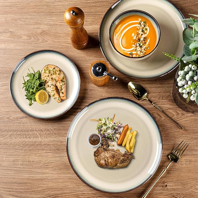 GBHOME Ceramic Dinnerware Sets for 4, 12 Pieces Stoneware Plates and Bowls Sets, Scratch Resistant Dishes, Dishwasher & Microwave Safe, Reactive Glaze-Gravel-PawvioPets
