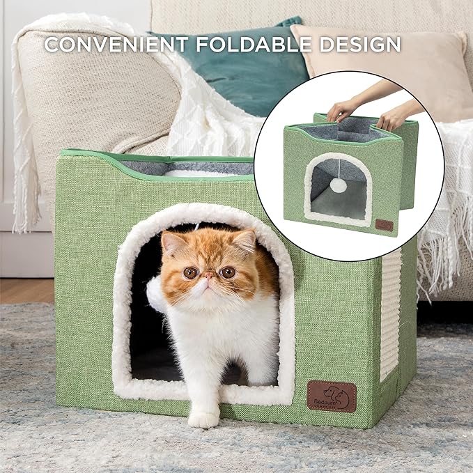 Bedsure Cat Beds for Indoor Cats - Large Cat Cave for Pet Cat House with Fluffy Ball Hanging and Scratch Pad, Foldable Cat Hideaway, 16.5x16.5x13 inches, Green-PawvioPets