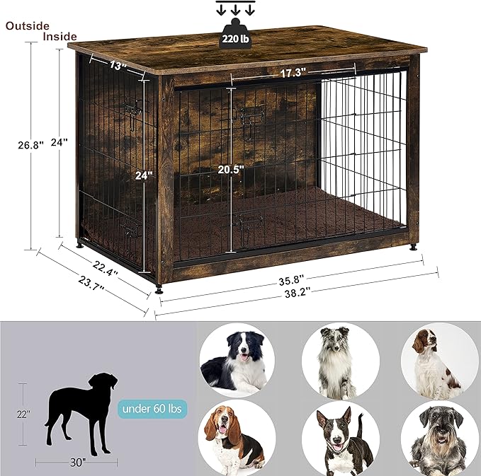 DWANTON Dog Crate Furniture with Cushion, Wooden Kennel Table with Double Doors, Indoor Dog House, Large Size, 38.5" L, Rustic Brown-PawvioPets