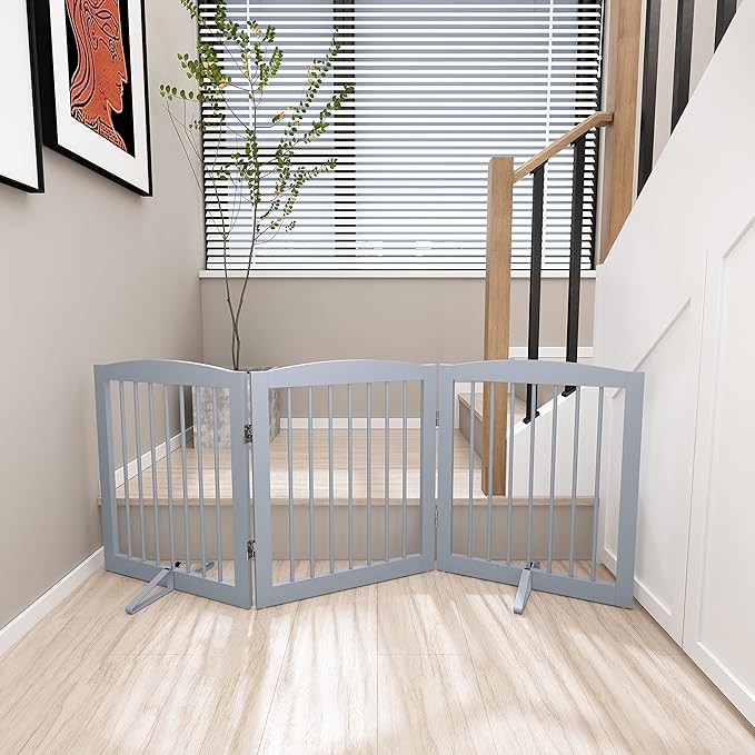Freestanding Pet Gate for Dogs, Foldable Wooden Dog Gate for House, Indoor Dog Gate for Doorways, Stairs, Gates for Dogs Indoor, Support Feet Included, 24" Height 3 Panels, Grey-PawvioPets
