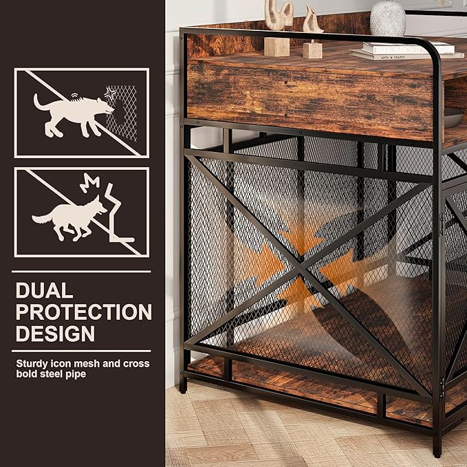 Dog Crate Furniture, 43" Heavy Duty Wooden Dog Crate End Table, XL Dog Kennel Furniture Large Breed, Decorative Dog Kenne Indoor with 3 Drawers & Steel Tubes 43" L x28 W x36 H (Rustic Brown)-PawvioPets