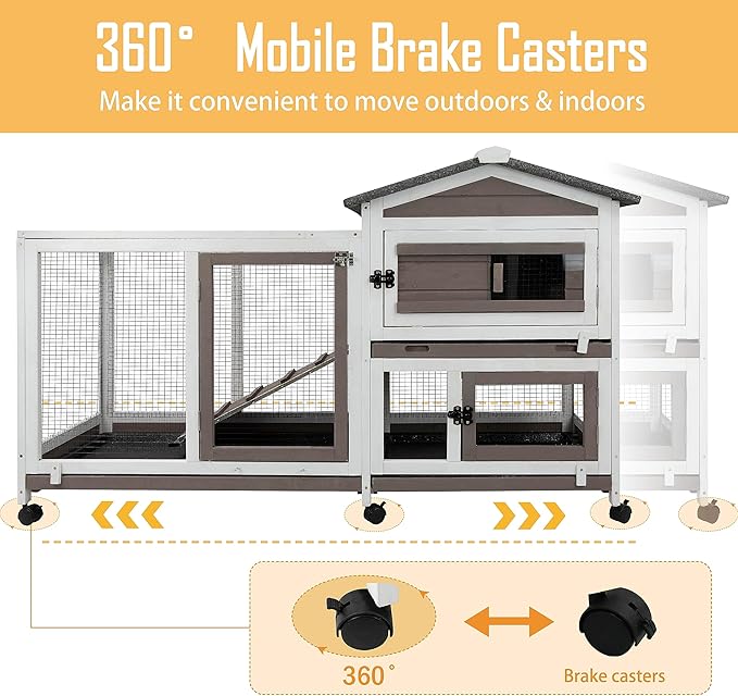 57" L Rabbit Hutch Indoor Outdoor 2 Story Large Bunny Hutch with Run Guinea Pig Cage Wooden Rabbit Cage with Removable 3 Pull Out Trays Pet House for Small-Medium Animals-PawvioPets