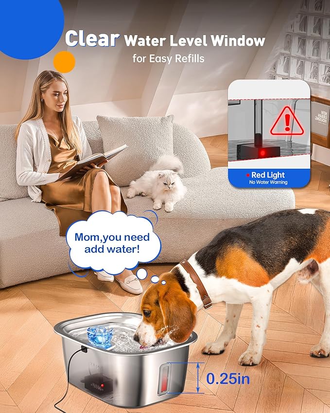 Dog Water Fountain for Large Dogs Stainless Steel, 3Gal Extra Large Dog Water Bowl Dispenser with 2 Filters & Visual Window, Automatic Filtered Pet Fountain Indoor, Quiet Safe Pump with LED Indicator-PawvioPets