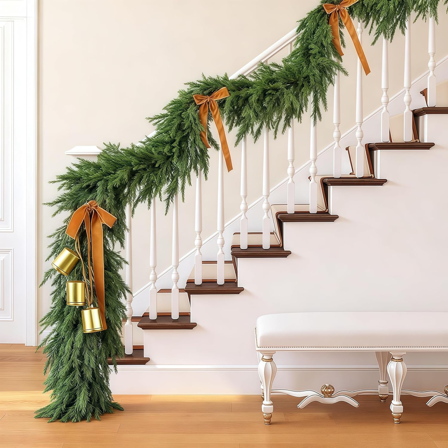 Christmas Decorations Artificial Norfolk Pine Garlands 9FT, 4Pcs Real Touch Winter Pine Garland, Green Artificial Greenery Garland for Table, Mantle, Wall, Indoor, Outdoor Decorations